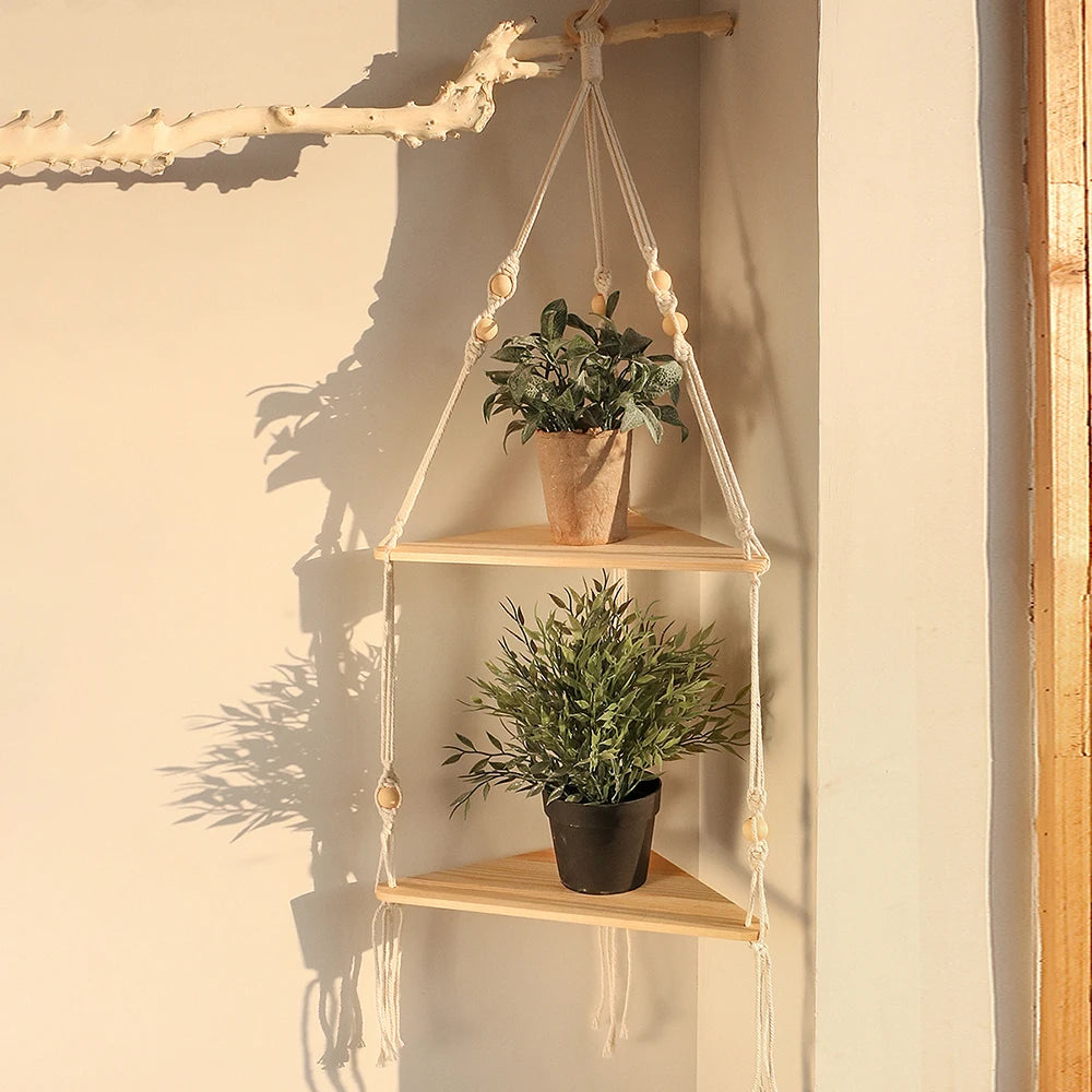 Boho Macrame Triangle Wall Shelf