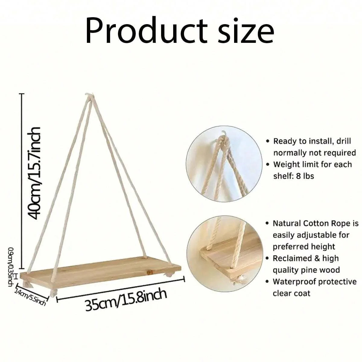 1PC Wooden Hanging Wall Shelf Rope - Home Decor & Plant Holder