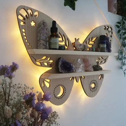 Moon Butterfly Wooden Shelf Crystal Organizer