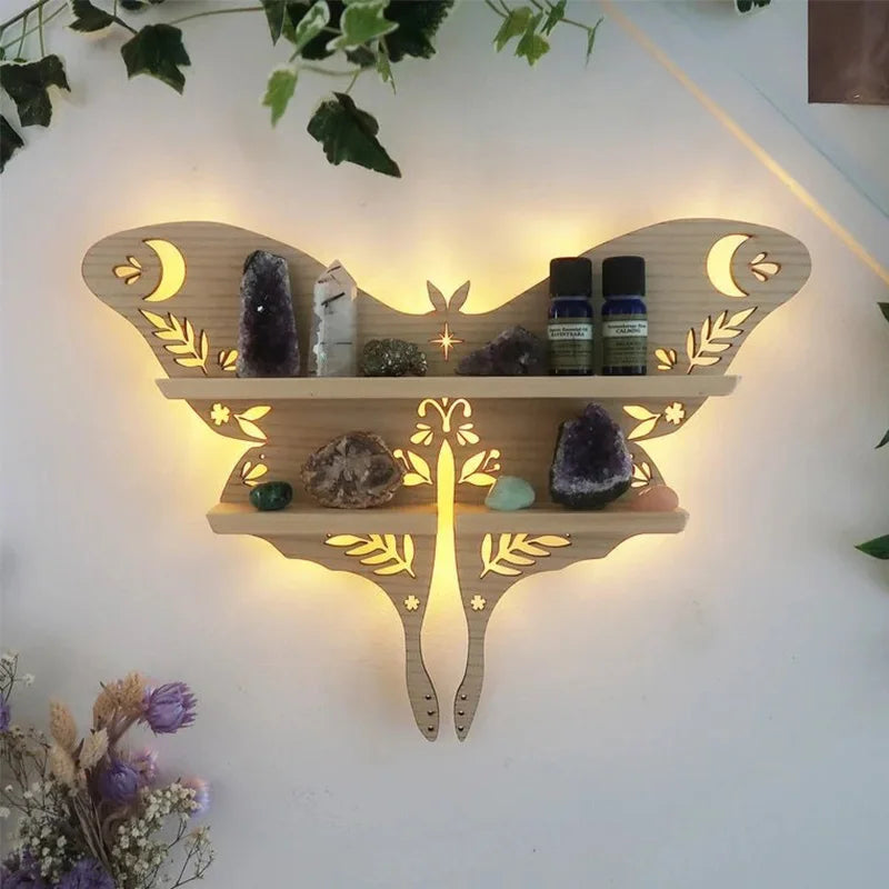 Moon Butterfly Wooden Shelf Crystal Organizer