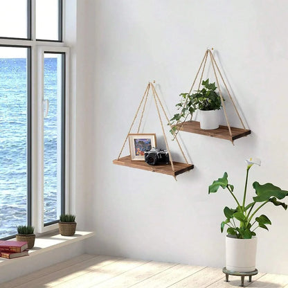 1PC Wooden Hanging Wall Shelf Rope - Home Decor & Plant Holder