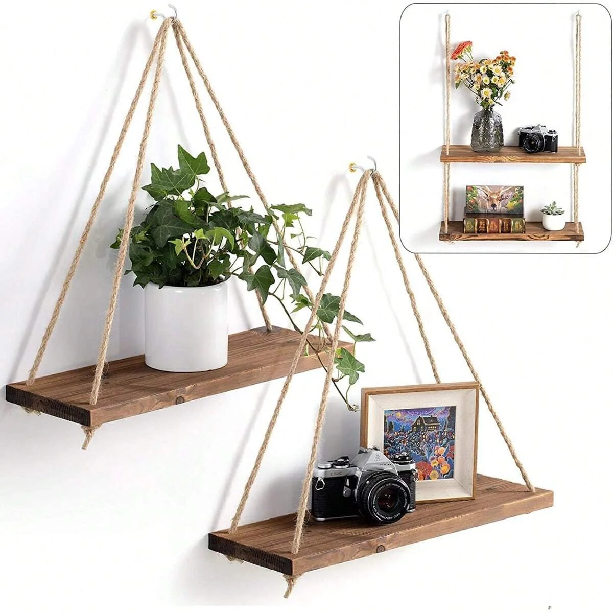 1PC Wooden Hanging Wall Shelf Rope - Home Decor & Plant Holder